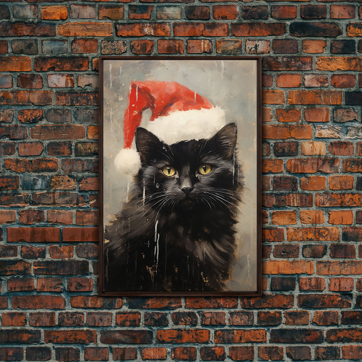 Christmas Cat In A Christmas Hat, Farmhouse Christmas, Farmhouse Decor, Framed Canvas Print, Seasonal Wall Art, Winter Decor, Christmas Art