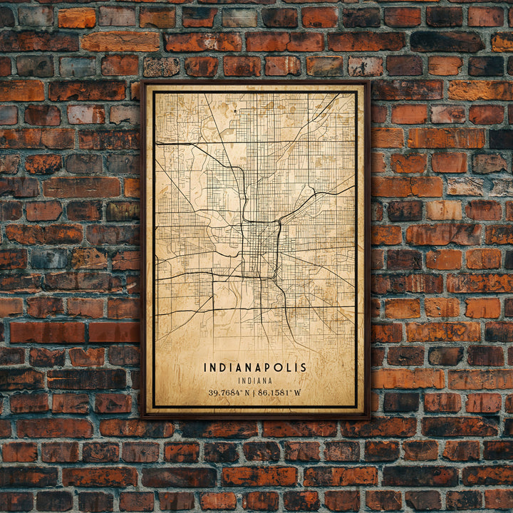 Old Indianapolis City Map Wall Art Canvas Print, Vintage Style Indianapolis Map, Framed Wall Art, Cool Indiana  Wall Art, Office Decor