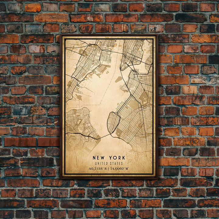 Old New York City Map Wall Art Canvas Print, Vintage Style New York City Map, Framed Wall Art, Cool NYC New York Wall Art, Office Decor