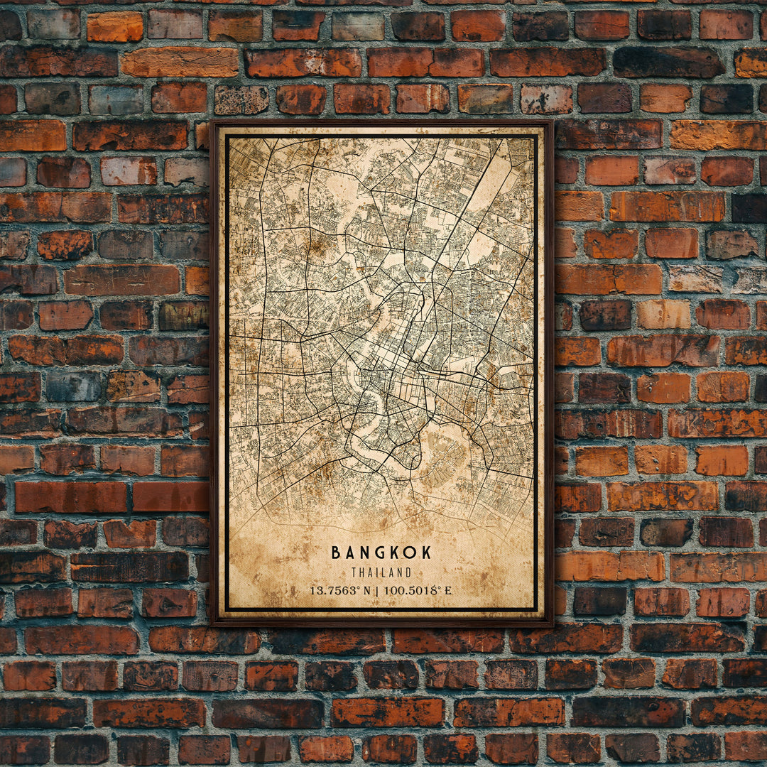 Old Bangkok City Map Wall Art Canvas Print, Vintage Style Bangkok Map, Framed Wall Art, Cool Bankok Thailand Wall Art, Office Decor