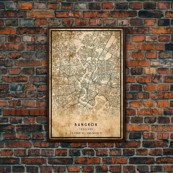 Old Bangkok City Map Wall Art Canvas Print, Vintage Style Bangkok Map, Framed Wall Art, Cool Bankok Thailand Wall Art, Office Decor