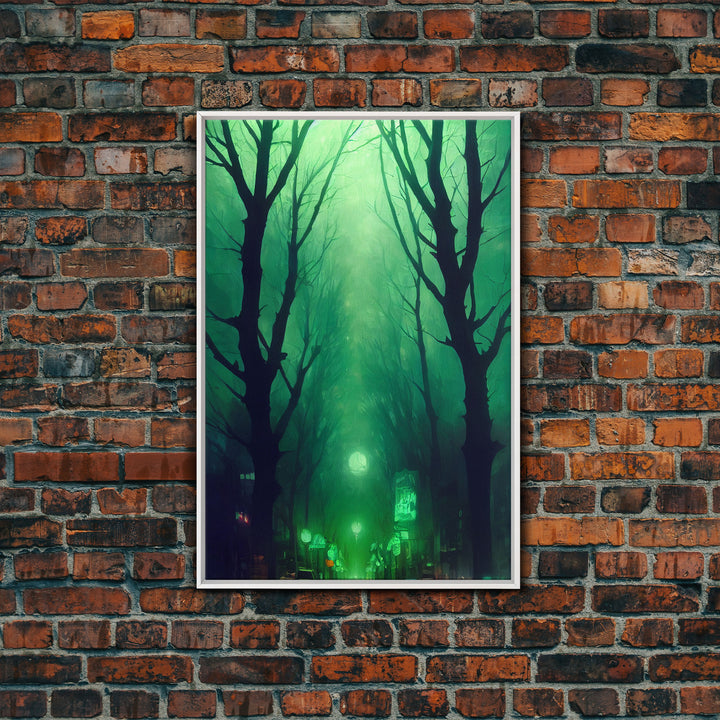 Emerald green city streets under a full moon, cool spooky art, framed canvas print