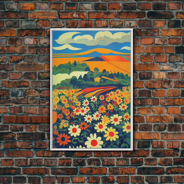 Surrealist field of daisy flowers, daisies, psychedelic art, Framed Canvas Print, Ready To Hang Framed Wall Art
