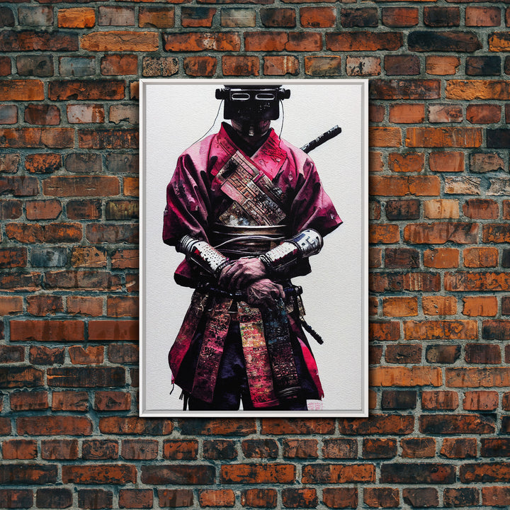 Portrait of a Cyberpunk Samurai with Cybernetic augments, Framed Canvas Print, Ready To Hang Framed Wall Art