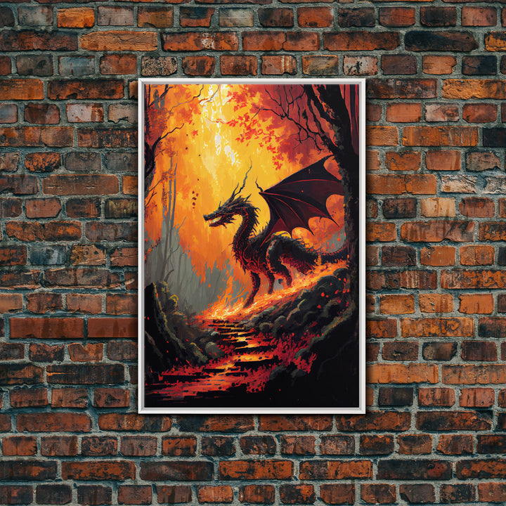 Fiery Dragon Burning Down Forest Canvas Print - Mystical Fantasy Wall Art Home Decor Artwork