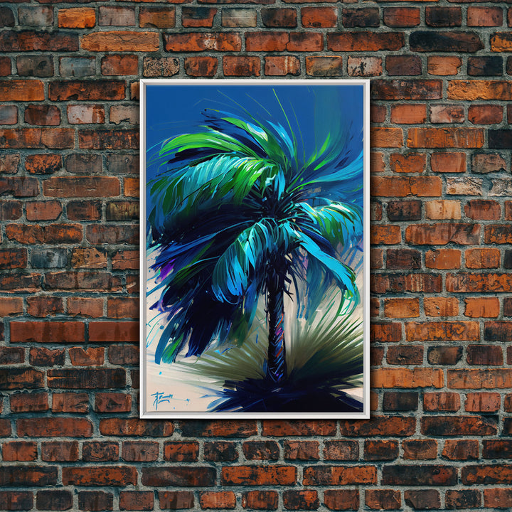Vibrant Blue and Green Palm Tree Watercolor Canvas Print - Tropical Wall Art Home Decor Artwork