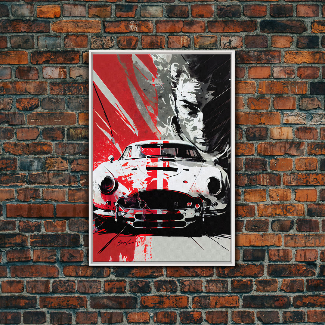 Vintage sports car graffiti art, framed canvas print, wall decor, mancave art