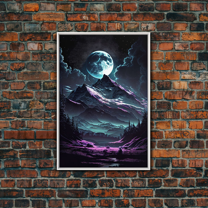 Mythical mountains fantasy art, framed canvas print, full moon over a mystical mountain landscape