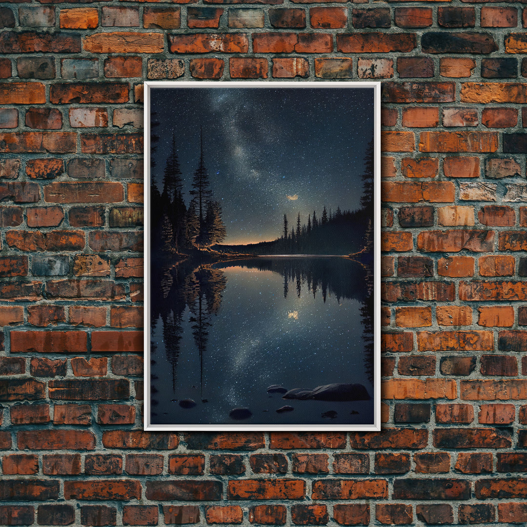 Reflections of a starry night sky over the lake, lakehouse art, beautiful framed canvas print