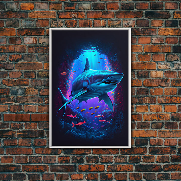Shark Art, framed canvas print, colorful retro style shark art watercolor painting print