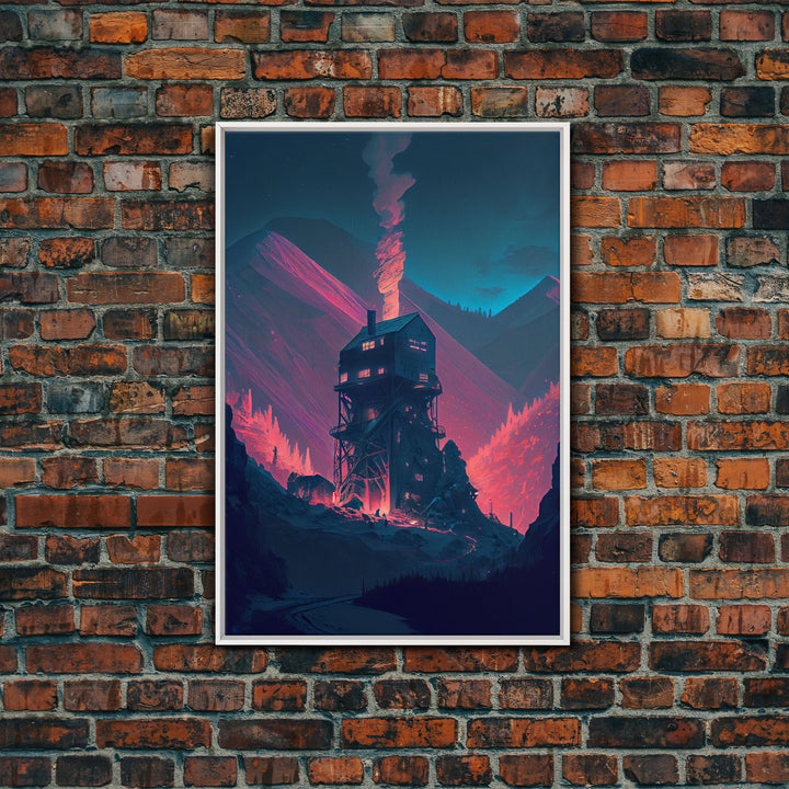 Fire-Watch, Watch Tower art, vaporwave aesthetic wall art, framed canvas print
