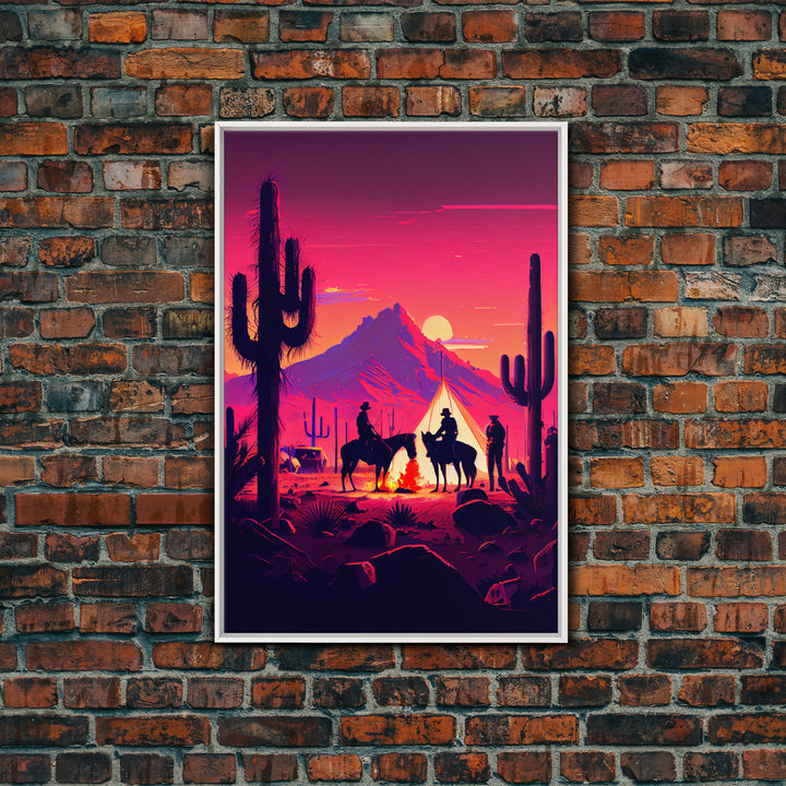 Wild West Outlaw decor, camping in the Arizona desert, Cactus art, framed canvas print