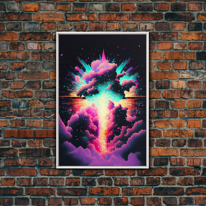 Color Pop Explosion, Vintage style art, framed canvas print, vaporwave aesthetic cloud art