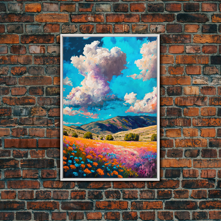 Watercolor Cloudy Day, Fields of Flowers, Framed Canvas Print, Colorful Wall Art, Minimalist Boho Style Wall Art