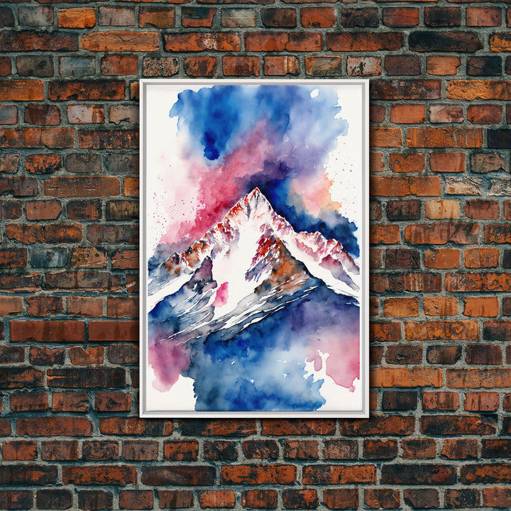Red, White and Blue Mountain Landscape Watercolor, Framed Canvas Print, Colorful Unique Wall Art