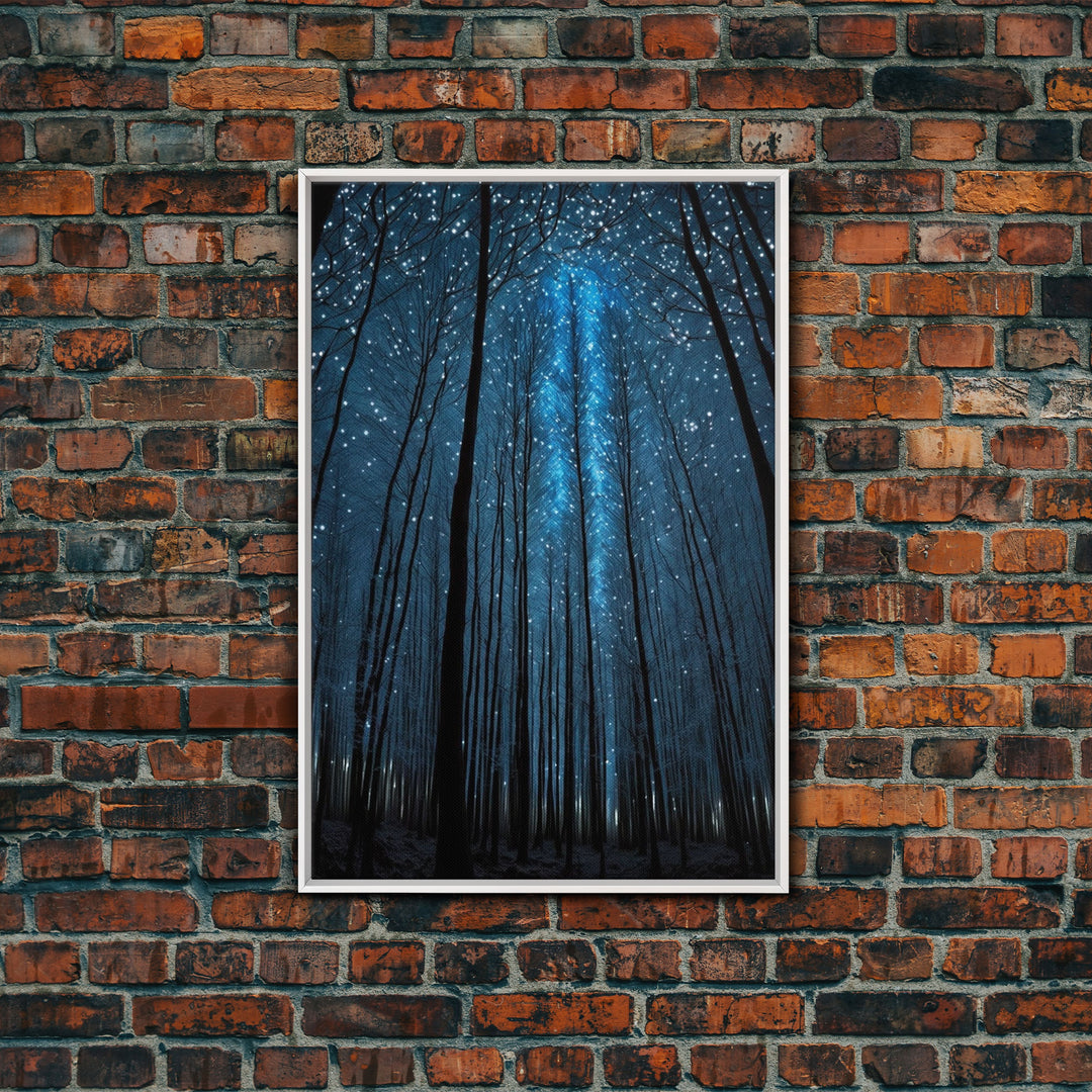 Birch Tree Forest At Night, Starry Night Sky, Framed Canvas Print, Boho Minimalist Farmhouse Decor, Primitive Art