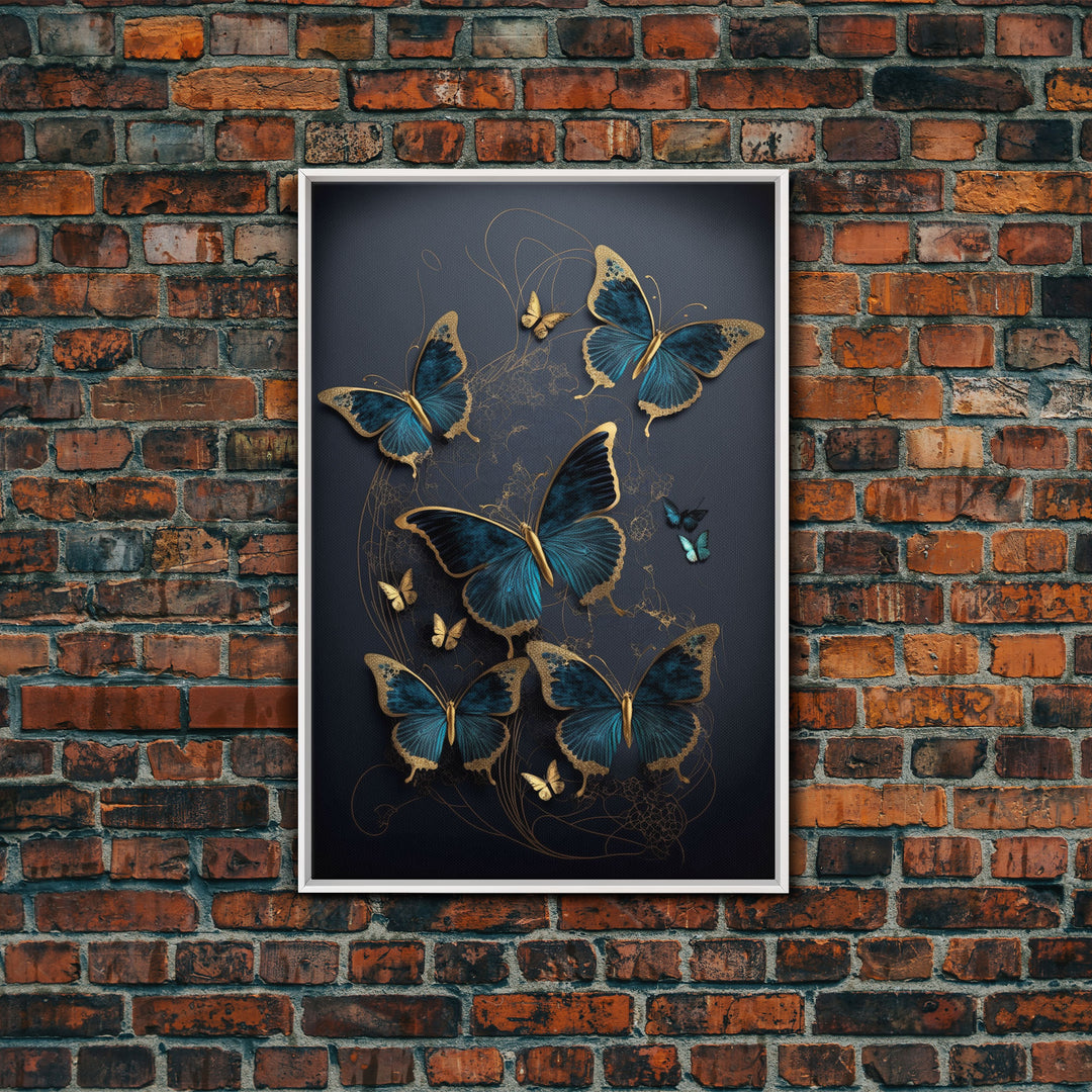 Blue Butterflies Canvas Print Wall Art, Blue and Gold Butterfly Canvas Painting, Butterfly Wall Decor, Home Gift, ready to hang decor