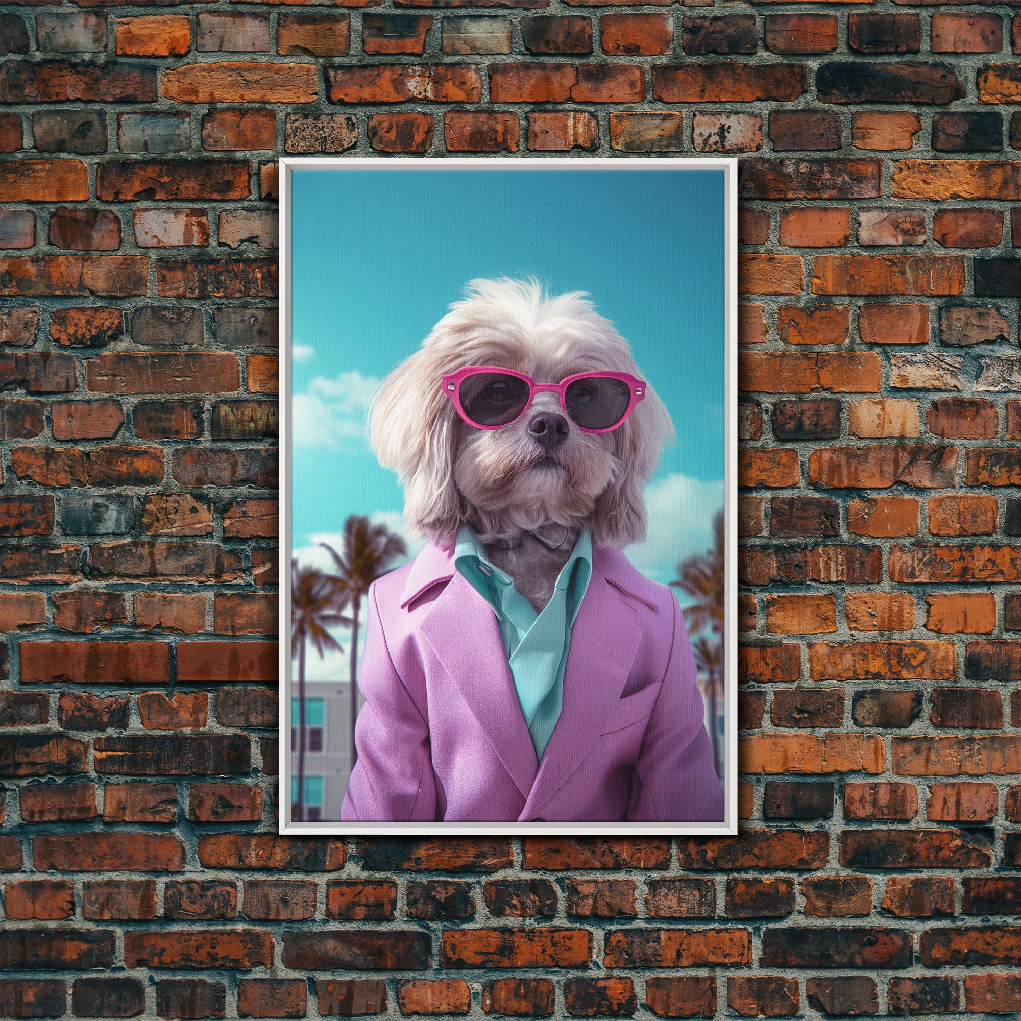 Shih Tzu Wall Print, Dog Wall Art, Dog Sunglasses, Pink Teal Suit, Funny Wall Art, Framed Wall Art, Framed Canvas, Wall Print, Wall Canvas