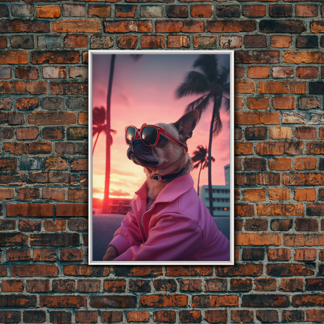 Pug Wall Print, Dog Wall Art, Dog Sunglasses, Dog In Pink Jacket, Funny Art, Framed Wall Art, Framed Canvas, Wall Print, Wall Canvas