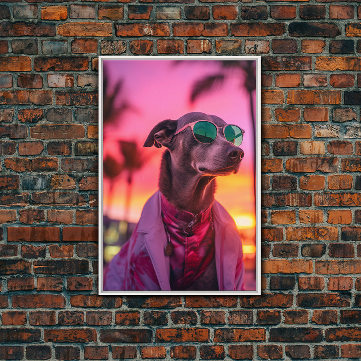 Greyhound Wall Print, Dog Wall Art, Dog Sunglasses, Dog In Pink Suit, Funny Art, Framed Wall Art, Framed Canvas, Wall Print, Wall Canvas