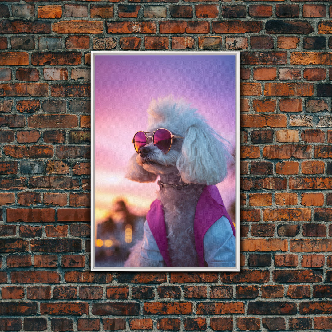 Poodle Wall Print, Dog Wall Art, Dog Sunglasses, Dog In Pink White Suit, Funny Art, Framed Wall Art, Framed Canvas, Wall Print, Wall Canvas