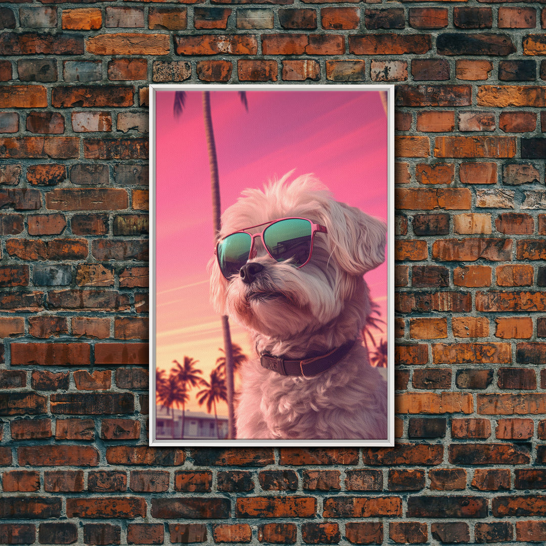Shih Tzu Wall Print, Dog Wall Art, Dog Sunglasses, Palm Trees, Sunset, Funny Art, Framed Wall Art, Framed Canvas, Wall Print, Wall Canvas