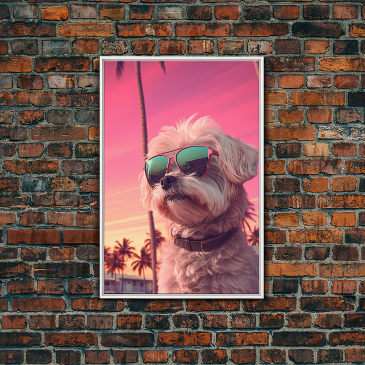 Shih Tzu Wall Print, Dog Wall Art, Dog Sunglasses, Palm Trees, Sunset, Funny Art, Framed Wall Art, Framed Canvas, Wall Print, Wall Canvas