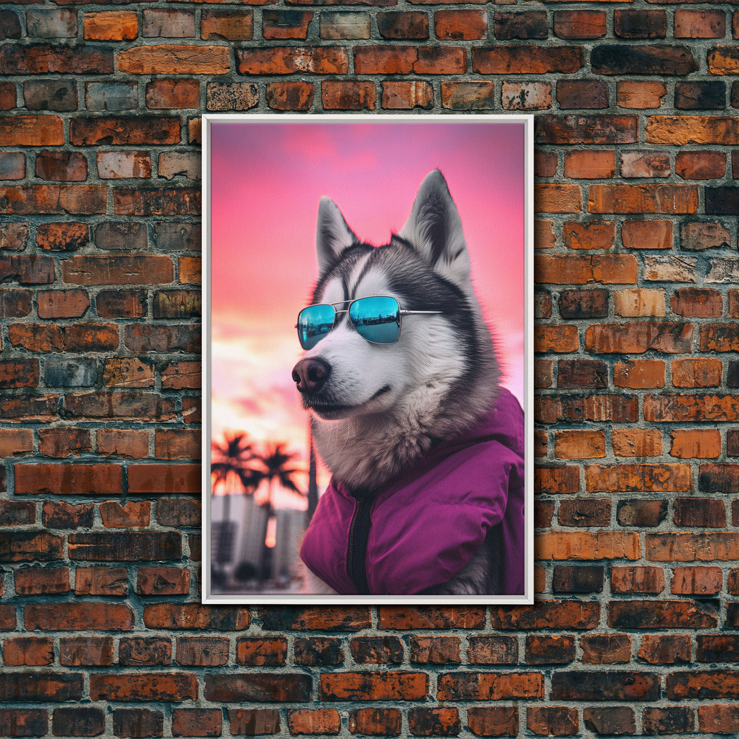 Siberian Husky In Pink Jacket Sunglasses Wall Print, Dog Art Print, Dog Portrait, Framed Wall Art, Framed Canvas, Wall Print, Wall Canvas