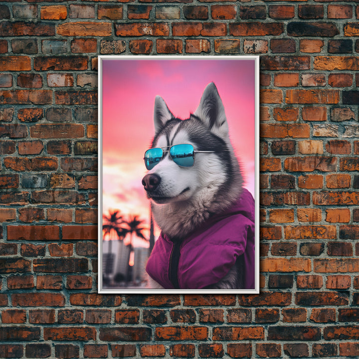 Siberian Husky In Pink Jacket Sunglasses Wall Print, Dog Art Print, Dog Portrait, Framed Wall Art, Framed Canvas, Wall Print, Wall Canvas