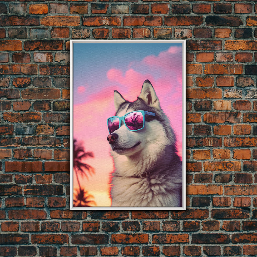 Siberian Husky In Pink Sunglasses Wall Print, Dog Art Print, Dog Portrait, Framed Wall Art, Framed Canvas, Wall Print, Wall Canvas