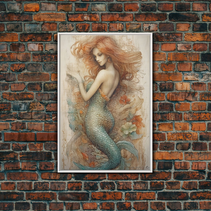 Fancy Mermaid Wall Art, 24" x 36" Canvas Print, French Style Poster Wall Art, Vintage Wall Hanging, Coastal Bathroom Decor
