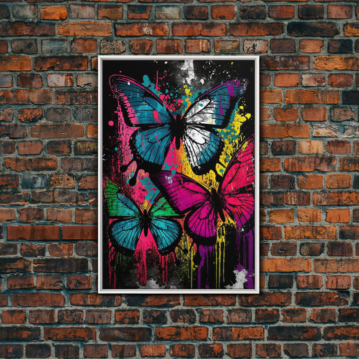 Graffiti Butterfly Art, Framed Canvas Print, Large Wall Art, Contemporary Punk Art, Butterflies, Pop Art, Paint Splatter Art