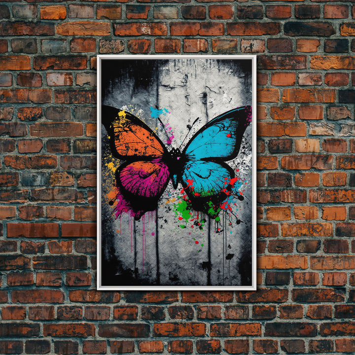 Graffiti Butterfly Art, Framed Canvas Print, Large Wall Art, Contemporary Punk Art, Butterflies, Pop Art, Paint Splatter Art