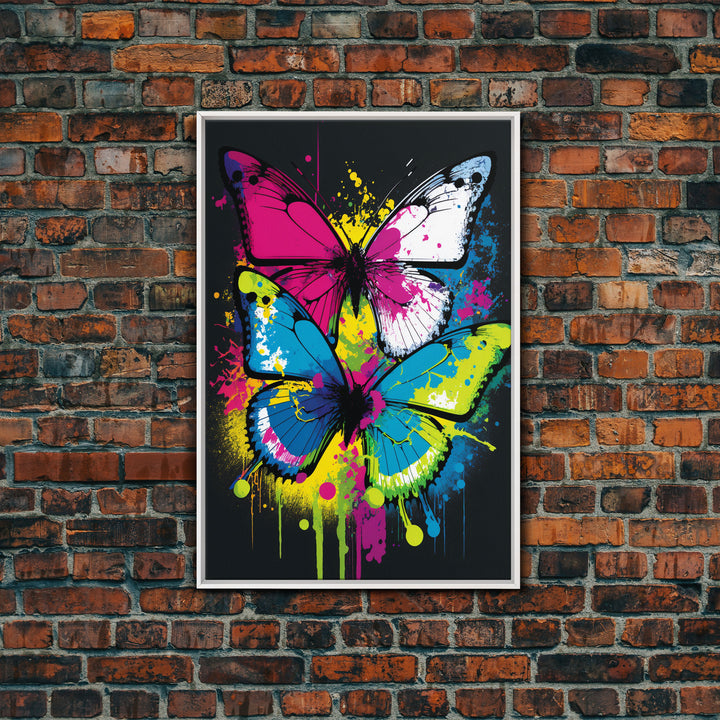 Graffiti Butterfly Art, Framed Canvas Print, Large Wall Art, Contemporary Punk Art, Butterflies, Pop Art, Paint Splatter Art