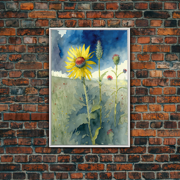 Watercolor Painting Print of a Sunflower and Wildflowers, Framed Canvas Art, Framed Print, Living Room Wall Decor