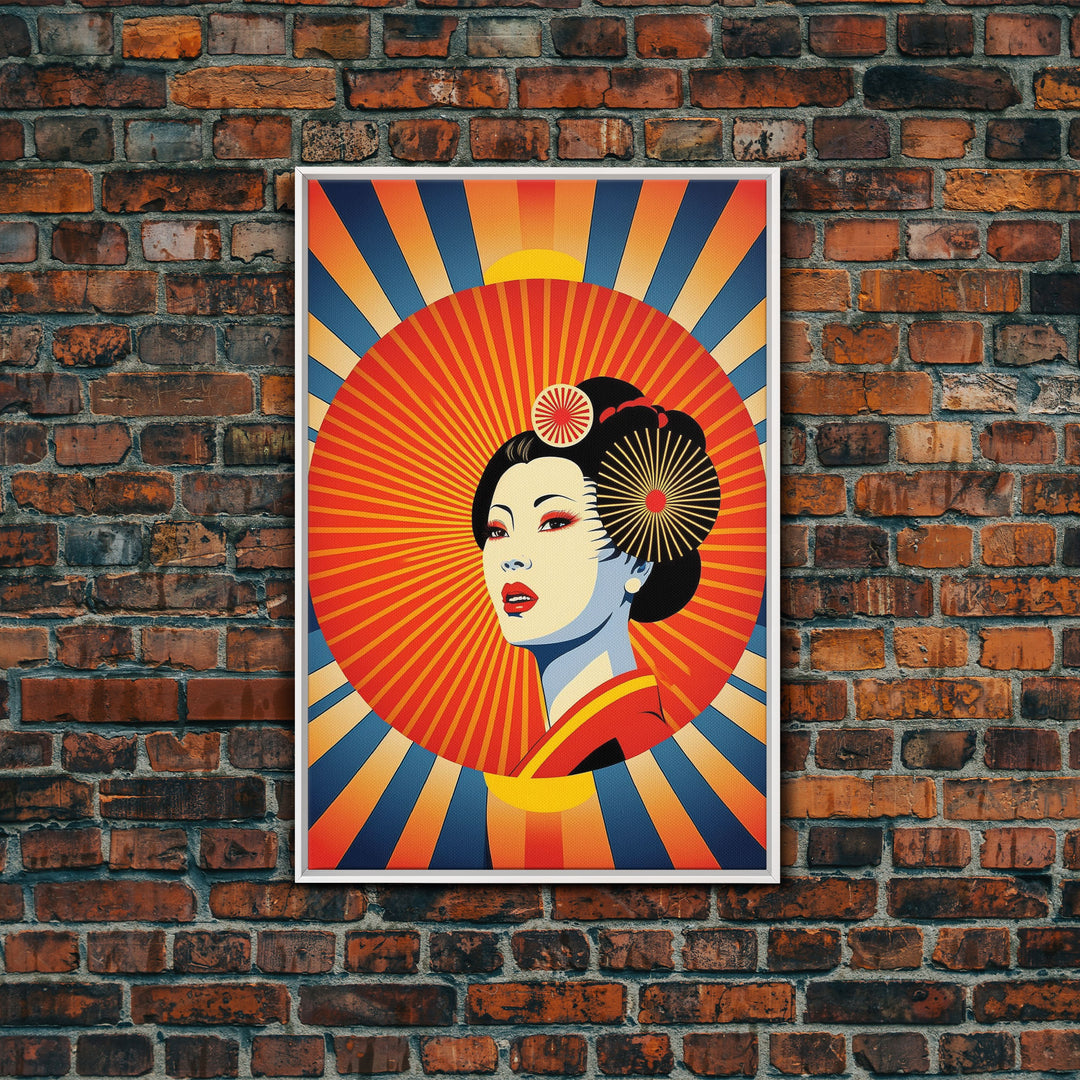 Portrait of a Geisha, Pop Art Style, Art Deco Sunburst, Framed Canvas Print