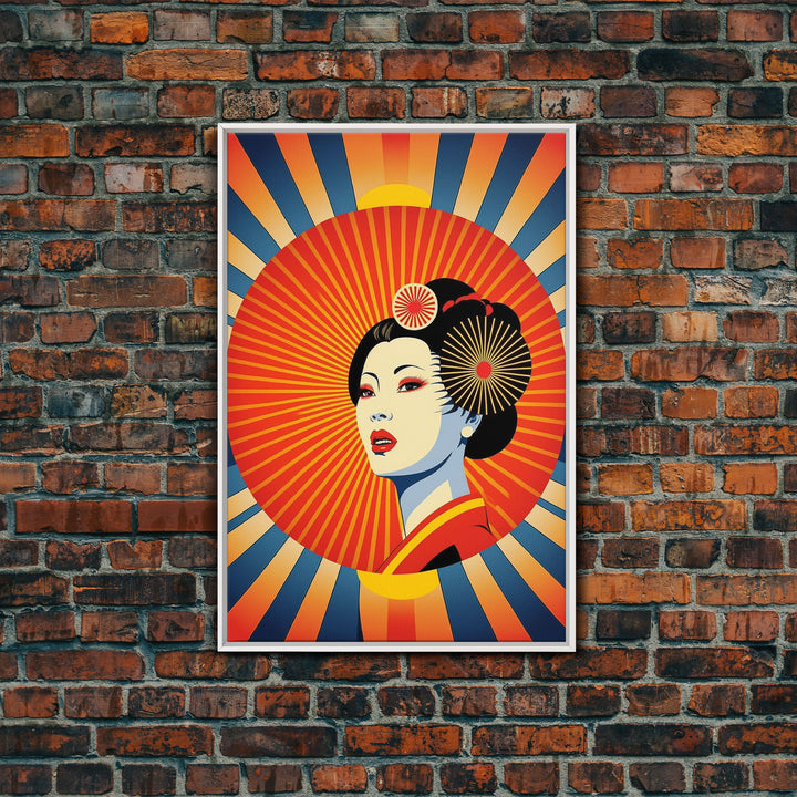 Portrait of a Geisha, Pop Art Style, Art Deco Sunburst, Framed Canvas Print