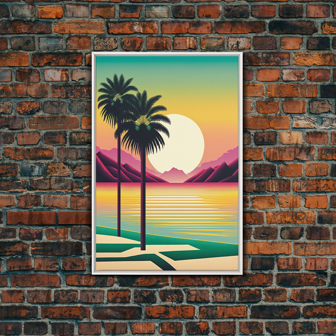 Framed Canvas Print - Art Deco Sunset Scene - Mountains, Palmtrees & Beaches - Retro Style Art - Living Room Decor
