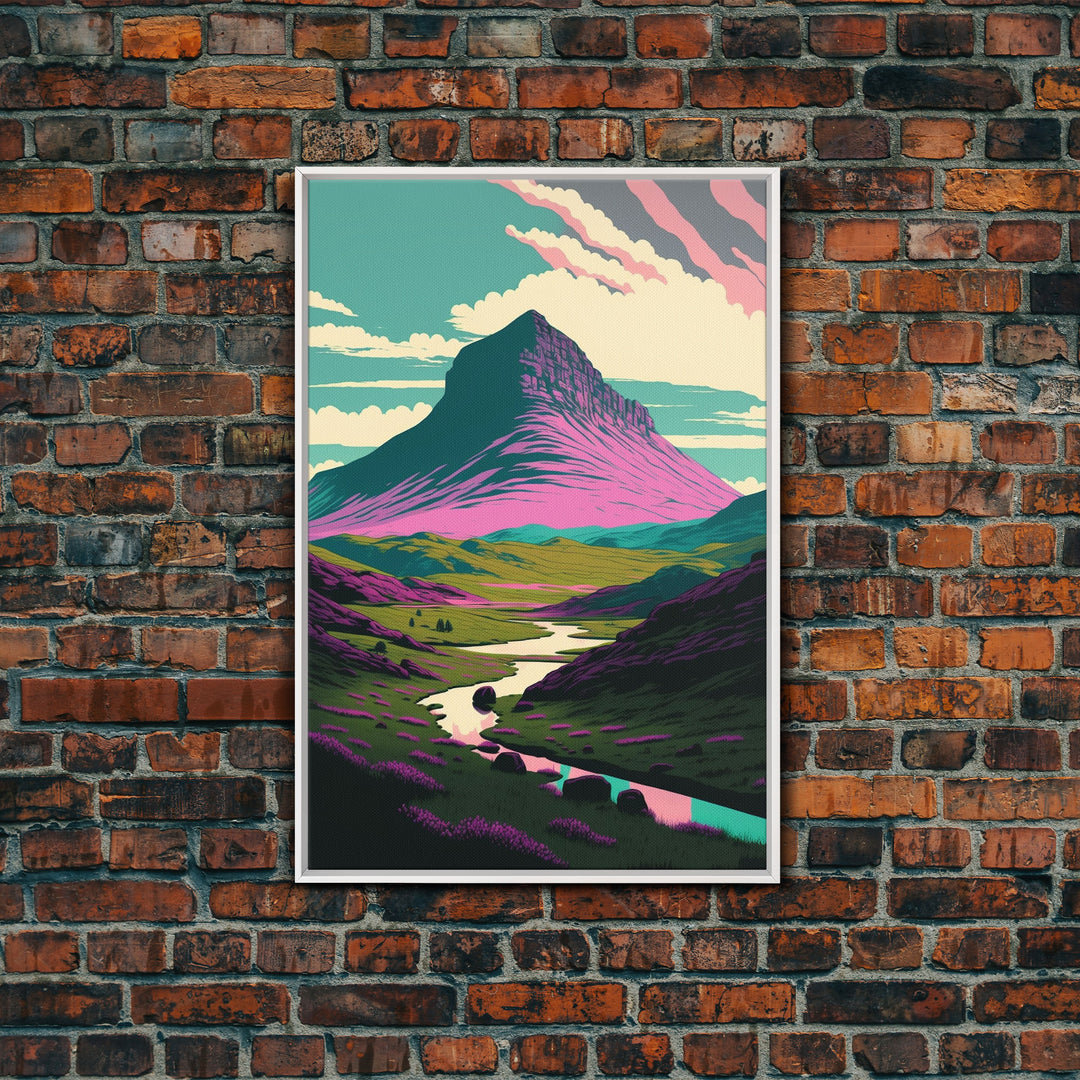 Retro Style Purple Mountain Landscape, Framed Canvas Print, MCM Style Art, Framed Wall Art, Wall Decor, Living Room / Guest Room Art