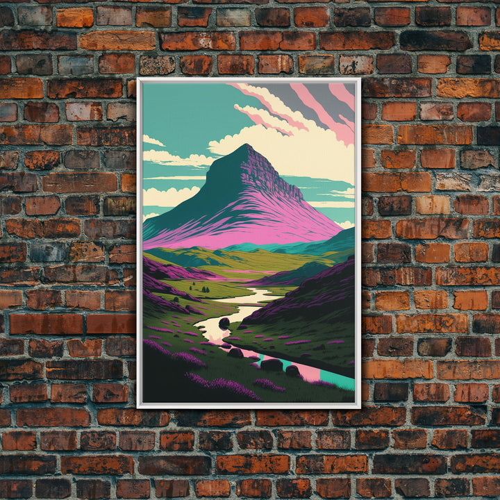 Retro Style Purple Mountain Landscape, Framed Canvas Print, MCM Style Art, Framed Wall Art, Wall Decor, Living Room / Guest Room Art