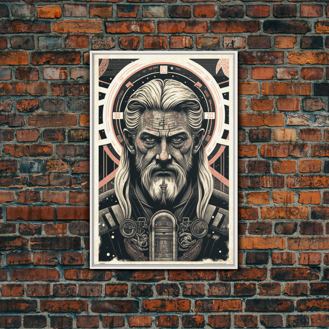 Grunge / Cyberpunk Odin, Norse Mythology, Wall Art, Framed Canvas Print, Futuristic Portrait of Odin