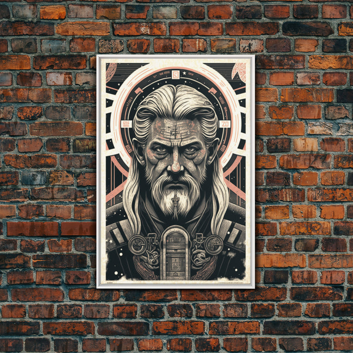 Grunge / Cyberpunk Odin, Norse Mythology, Wall Art, Framed Canvas Print, Futuristic Portrait of Odin