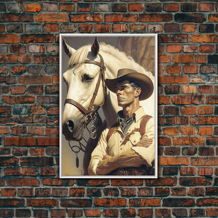 Western Cowboy Painting Canvas Print | Vintage Wall Art | Mid Century Decor | Antique Oil Painting | Moody Print | JC Leyendecker Inspired