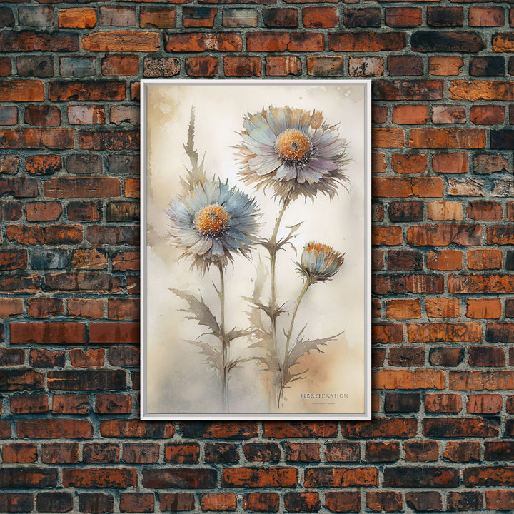 Vintage Style Dandelion Framed Canvas Art, Vintage Floral Print, Vintage White Roses Painting, Still Life Botanical Farmhouse print, Flowers
