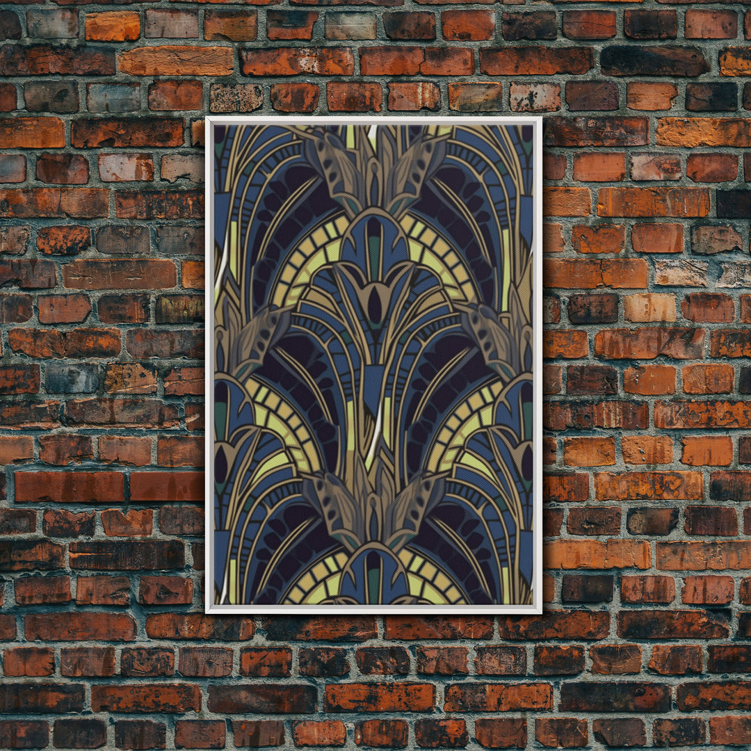 Midcentury Modern Wall art - Framed Canvas Print - Art Deco - Blue colors - Stained glass art - Patterns art - Mosaic art - Living room art