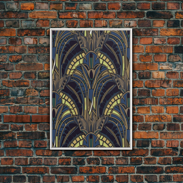 Midcentury Modern Wall art - Framed Canvas Print - Art Deco - Blue colors - Stained glass art - Patterns art - Mosaic art - Living room art