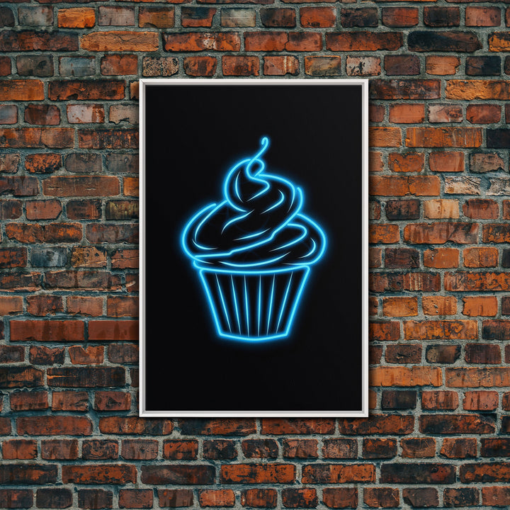 Blue Neon Lights Cupcake Wall Decor, Kitchen Wall Art, Glowing Art, Minimalist Print, Wall Decor, Canvas Print, Wall Art, Framed Canvas