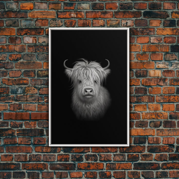 Highland Cow Art Print, Black And White, Animal Wall Decor, Minimalist Art, Wall Decor, Canvas Art, Wall Art, Framed Canvas Wall Decor