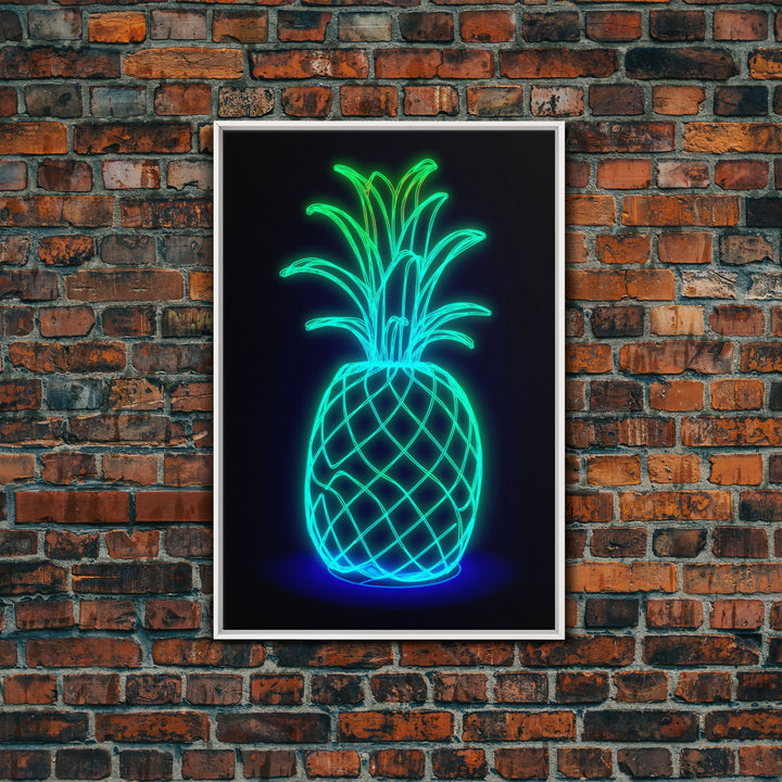 Green Neon Lights Pineapple Wall Decor, Fruit Art, Kitchen Wall Art, Minimalist Print, Wall Decor, Canvas Print, Wall Art, Framed Canvas