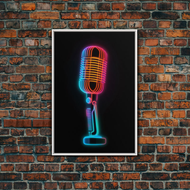 Neon Lights Retro Microphone Wall Art, Vibrant Art, Music Room Wall Art, Minimalist Print, Wall Decor, Canvas Print, Wall Art, Framed Canvas